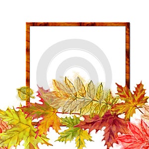 Square Wooden Frame Decorated with Fall Leaf Wreath.