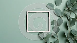 Square wooden frame and eucalyptus leaves on the wall