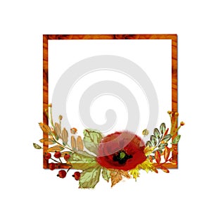 Square Wooden Frame with Red Poppy Flower Vignette.