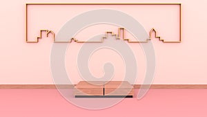Square wooden Podium. Bending a golden frame into a city form art dimensions on the pink wall can be used for commercial advertisi