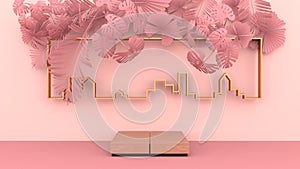Square wooden Podium, and leaves and pink palm overlap to form art dimensions. Bending a golden frame into a city on the pink wall