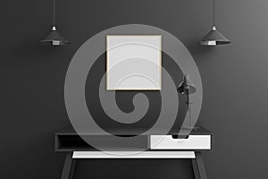 Square wooden poster or photo frame mockup with table in living room interior on empty black wall background. 3D rendering