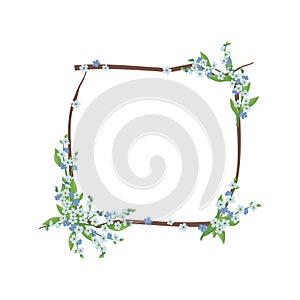 Square wreath of blue forget me not flowers.