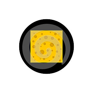 A square yellow piece of cheese with holes in a round black icon. Vector illustration. Clipart and drawing.