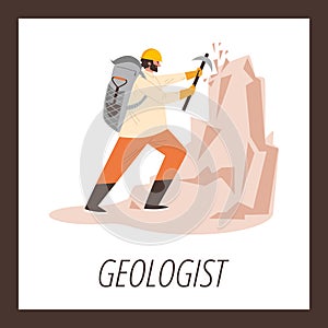 Squared banner with workin man geologist flat style, vector illustration