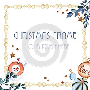 Christmas beads frame snowflakes stars watercolor vector on white background