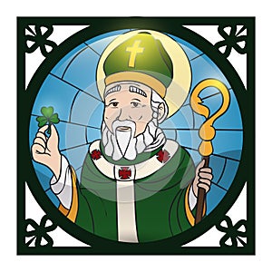 Squared frame and button like a Saint Patrick portrait in stained glass, Vector illustration