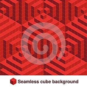 Squared pattern. Seamless geometric texture in red color. Effect stylish tiles. 3d abstract dynamic background created of cubes.