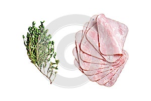 Squared slices of lean pork ham. Isolated, white background.