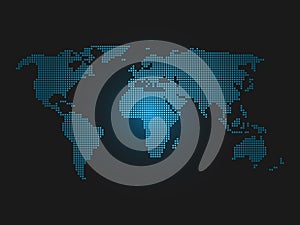 Squared world map. Blue led light futuristic design on dark background. Vector illustration