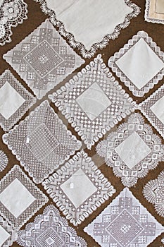 Squares of beautiful hand made lace. photo