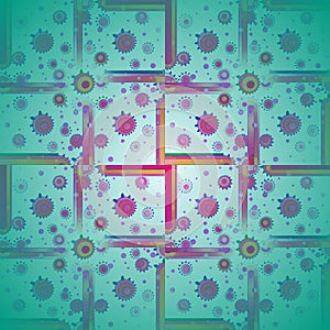 Squares and circles pattern green orange red violet purple centered blurred