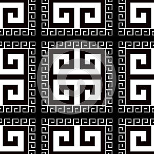 Squares greek black and white vector seamless pattern. Ornamental checkered radial background. Repeat abstract monochrome backdrop