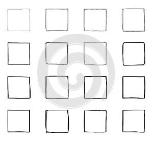 Squares line, grunge vector set in sketch style. Frames outline in hand drawn style.