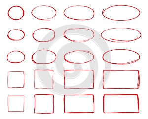 Squares, oval, circle line, grunge vector set in sketch style. Red frames outline