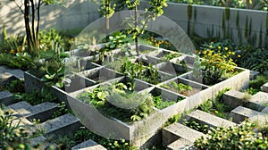 A squareshaped garden bed with each section filled with a different type of plant