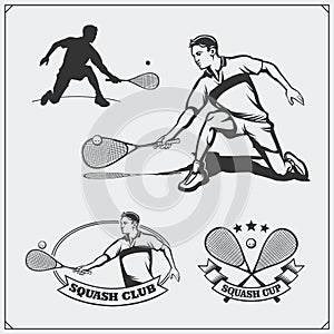 Squash labels, emblems, badges, design elements and silhouette of player.