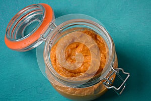 Squash puree squash caviar in a glass jar