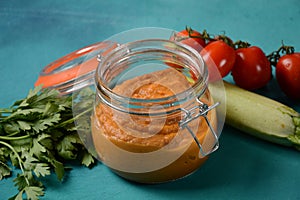 Squash puree squash caviar in a glass jar