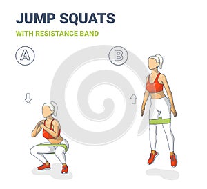 Squat Jumps with Resistance Band Girl Workout Exercise Colorful Concept.