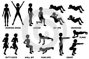 Squat. Sport exersice. Silhouettes of woman doing exercise. Workout, training. photo