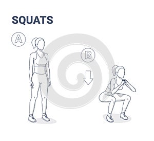 Squats Female Exercise Guide. Young Woman in Sportswear Doing Home Workout.