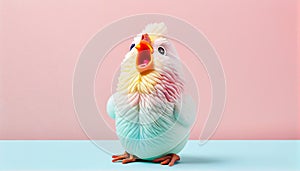 squawking chicken or squeaky toy are shouting and copy space pastel background. Generative AI illustration