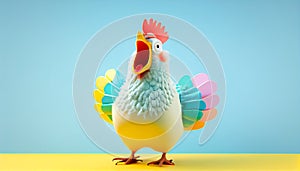 squawking chicken or squeaky toy are shouting and copy space pastel background. Generative AI illustration