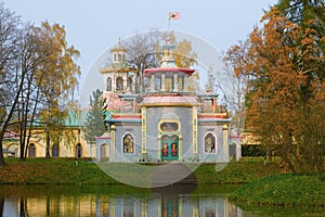 Squeaky Chinese gazebo cloudy October afternoon in the Catherine Park. Tsarskoye Selo, Saint Petersburg