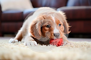 a squeaky toy with a bite mark, lying on a rug