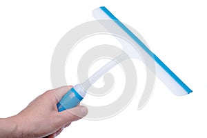 A squeegee or squilgee, tool with a flat, smooth rubber blade, used to remove or control the flow of liquid on a flat surface on w