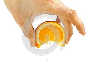 Squeeze orange in hand, isolated on a white photo