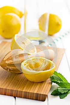 Squeezed lemon fruit and citrus reamer
