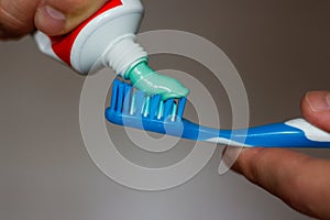 Squeezes toothpaste on the brush