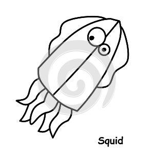 Squid children book illustration, trace and coloring vector world wild animal