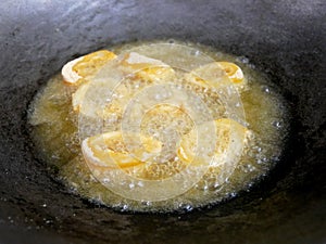 Squid cut into small pieces and fried with flour.