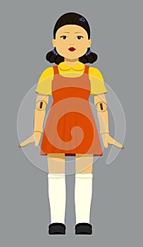 Squid game. A creepy girl doll. Vector