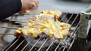 Squid grilled street food at Thailand style.