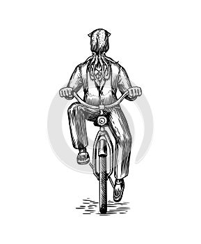 Squid man in a suit rides a bicycle. Octopus or Mollusca. Fashion animal character. Hand drawn woodcut outline sketch