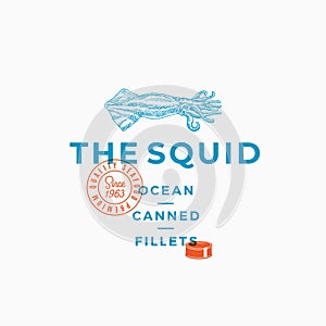 The Squid Ocean Canned Fillets. Abstract Vector Sign, Symbol or Logo Template. Hand Drawn Squid Illustration with Modern