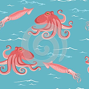 Squid and octopus seamless pattern. Blue sea and waves. Vector illustration of the sea