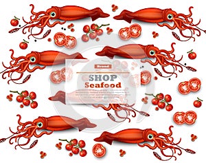 Squid pattern Vector. Seafood card backgrounds
