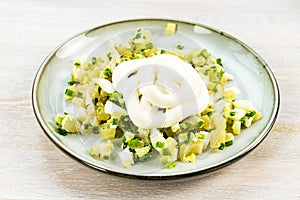 Squid salad with egg, green onion Step-by-step recipe step 6 mayonnaise dressing