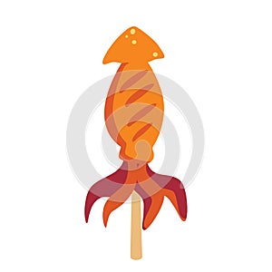 Squid satay flat design illustration, grilled octopus on skewers, vector image isolated on white background