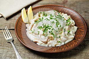 Squid in sour cream sauce. Greek national dish.