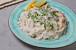 Squid in sour cream sauce. Greek national dish.