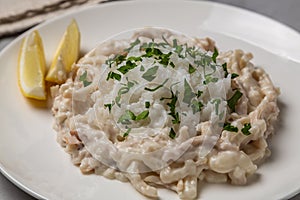 Squid in sour cream sauce. Greek national dish.