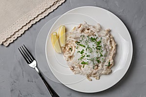 Squid in sour cream sauce. Greek national dish. The view from the top. Copy-space.