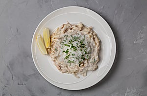 Squid in sour cream sauce. Greek national dish. The view from the top. Copy-space.