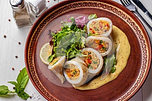 Squid stuffed with couscous and vegetables served with sauce and green salad, Closeup, Restaurant menu, Horizontal format